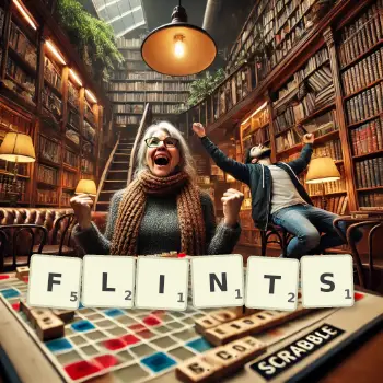Creative illustration for a Scrabble game with the word FLINTS spelled out in tiles on the board.