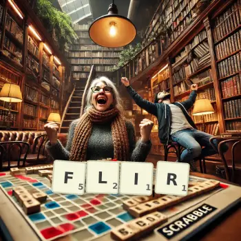 Creative illustration for a Scrabble game with the word FLIR spelled out in tiles on the board.