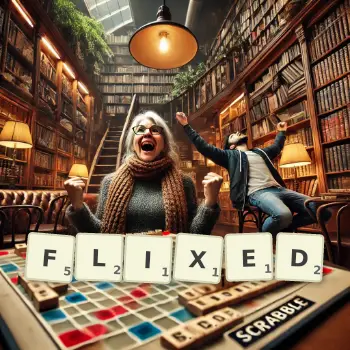 Creative illustration for a Scrabble game with the word FLIXED spelled out in tiles on the board.
