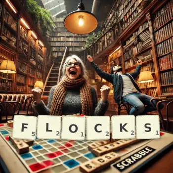 Creative illustration for a Scrabble game with the word FLOCKS spelled out in tiles on the board.