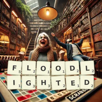 Creative illustration for a Scrabble game with the word FLOODLIGHTED spelled out in tiles on the board.