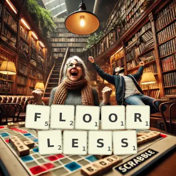 Creative illustration for a Scrabble game with the word FLOORLESS spelled out in tiles on the board.