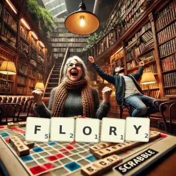 Creative illustration for a Scrabble game with the word FLORY spelled out in tiles on the board.