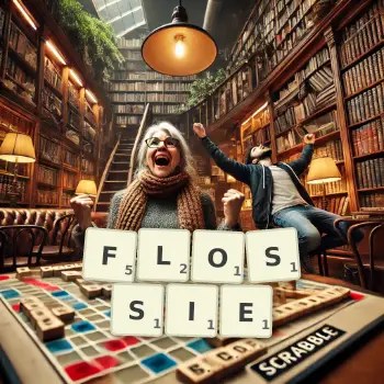 Creative illustration for a Scrabble game with the word FLOSSIE spelled out in tiles on the board.