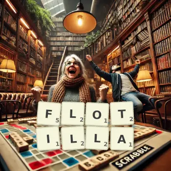 Creative illustration for a Scrabble game with the word FLOTILLA spelled out in tiles on the board.