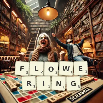 Creative illustration for a Scrabble game with the word FLOWERING spelled out in tiles on the board.
