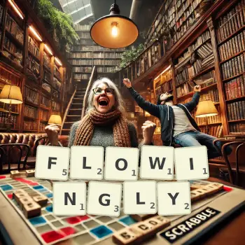 Creative illustration for a Scrabble game with the word FLOWINGLY spelled out in tiles on the board.