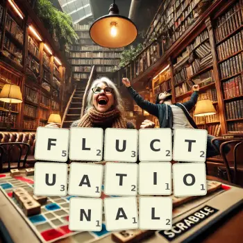 Creative illustration for a Scrabble game with the word FLUCTUATIONAL spelled out in tiles on the board.