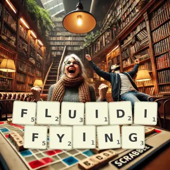 Creative illustration for a Scrabble game with the word FLUIDIFYING spelled out in tiles on the board.