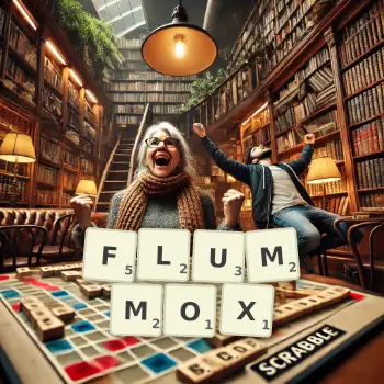 Creative illustration for a Scrabble game with the word FLUMMOX spelled out in tiles on the board.