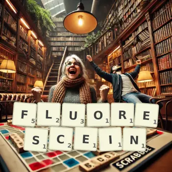 Creative illustration for a Scrabble game with the word FLUORESCEIN spelled out in tiles on the board.