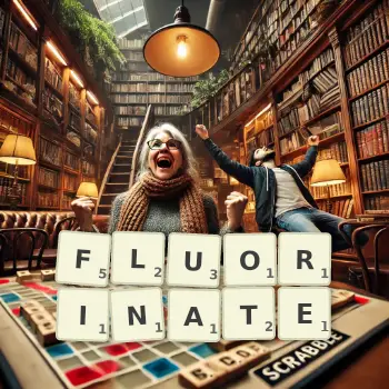 Creative illustration for a Scrabble game with the word FLUORINATE spelled out in tiles on the board.
