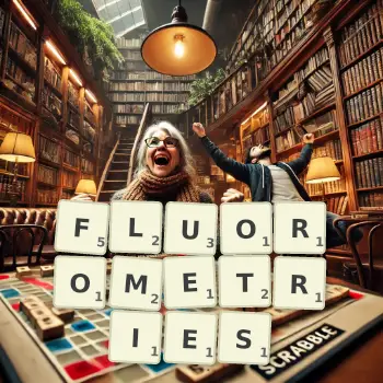 Creative illustration for a Scrabble game with the word FLUOROMETRIES spelled out in tiles on the board.