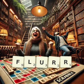Creative illustration for a Scrabble game with the word FLURR spelled out in tiles on the board.