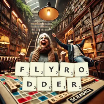 Creative illustration for a Scrabble game with the word FLYRODDER spelled out in tiles on the board.