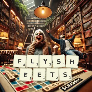Creative illustration for a Scrabble game with the word FLYSHEETS spelled out in tiles on the board.