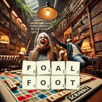 Creative illustration for a Scrabble game with the word FOALFOOT spelled out in tiles on the board.