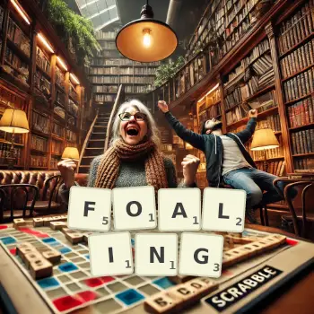 Creative illustration for a Scrabble game with the word FOALING spelled out in tiles on the board.