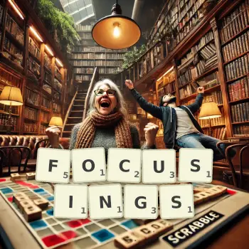 Creative illustration for a Scrabble game with the word FOCUSINGS spelled out in tiles on the board.