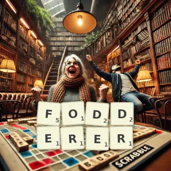 Creative illustration for a Scrabble game with the word FODDERER spelled out in tiles on the board.