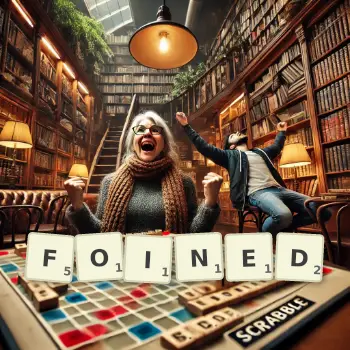 Creative illustration for a Scrabble game with the word FOINED spelled out in tiles on the board.