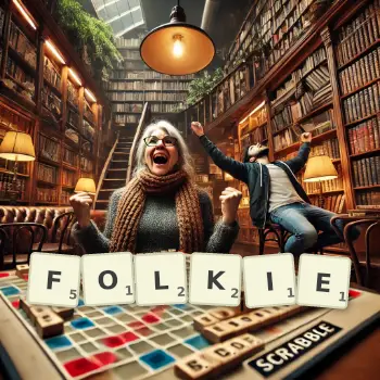 Creative illustration for a Scrabble game with the word FOLKIE spelled out in tiles on the board.