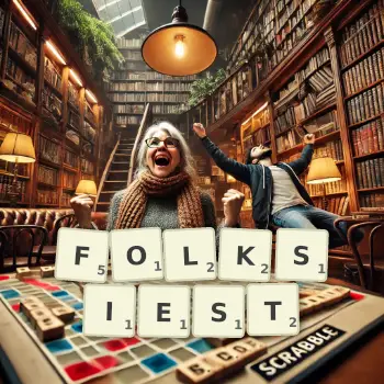 Creative illustration for a Scrabble game with the word FOLKSIEST spelled out in tiles on the board.