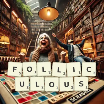 Creative illustration for a Scrabble game with the word FOLLICULOUS spelled out in tiles on the board.