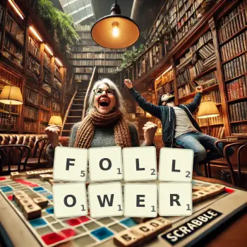 Creative illustration for a Scrabble game with the word FOLLOWER spelled out in tiles on the board.