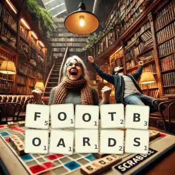 Creative illustration for a Scrabble game with the word FOOTBOARDS spelled out in tiles on the board.