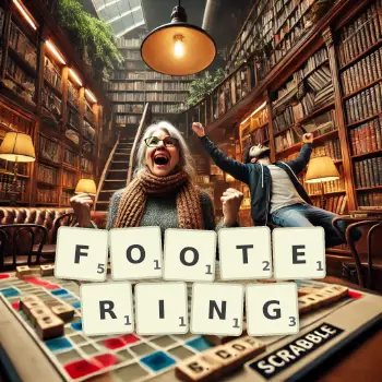 Creative illustration for a Scrabble game with the word FOOTERING spelled out in tiles on the board.