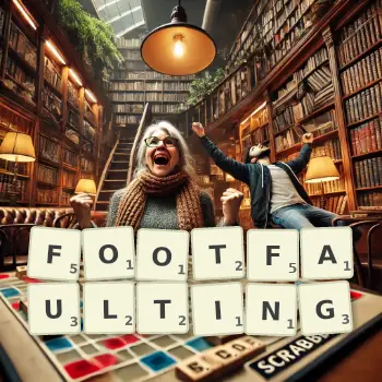 Creative illustration for a Scrabble game with the word FOOTFAULTING spelled out in tiles on the board.