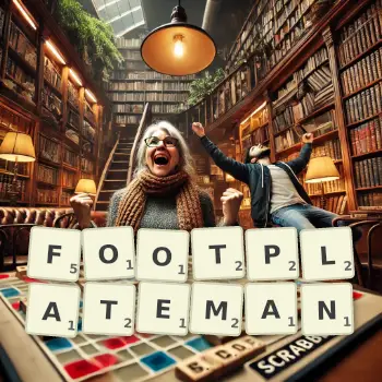 Creative illustration for a Scrabble game with the word FOOTPLATEMAN spelled out in tiles on the board.