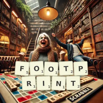Creative illustration for a Scrabble game with the word FOOTPRINT spelled out in tiles on the board.