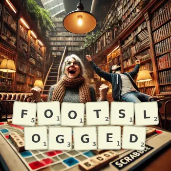 Creative illustration for a Scrabble game with the word FOOTSLOGGED spelled out in tiles on the board.