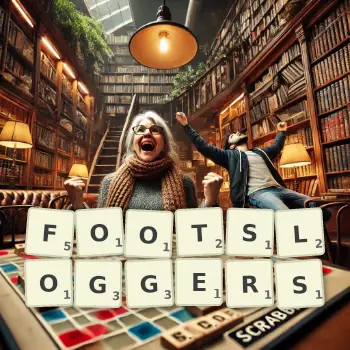 Creative illustration for a Scrabble game with the word FOOTSLOGGERS spelled out in tiles on the board.
