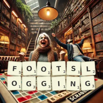 Creative illustration for a Scrabble game with the word FOOTSLOGGING spelled out in tiles on the board.