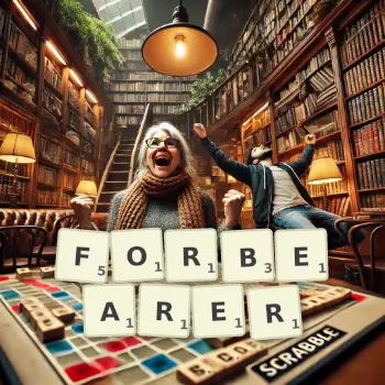 Creative illustration for a Scrabble game with the word FORBEARER spelled out in tiles on the board.