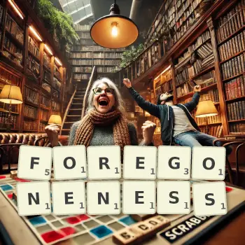 Creative illustration for a Scrabble game with the word FOREGONENESS spelled out in tiles on the board.