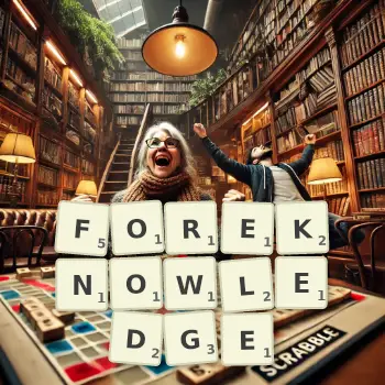 Creative illustration for a Scrabble game with the word FOREKNOWLEDGE spelled out in tiles on the board.