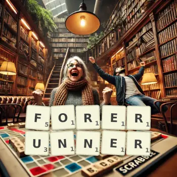 Creative illustration for a Scrabble game with the word FORERUNNER spelled out in tiles on the board.