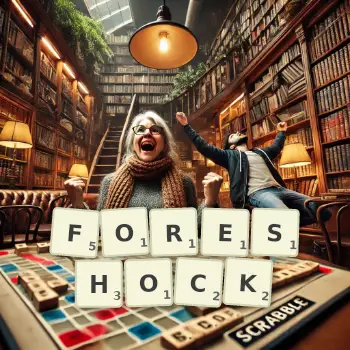 Creative illustration for a Scrabble game with the word FORESHOCK spelled out in tiles on the board.