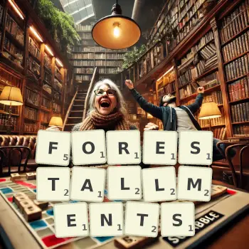 Creative illustration for a Scrabble game with the word FORESTALLMENTS spelled out in tiles on the board.