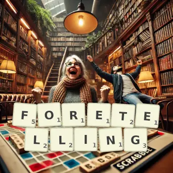 Creative illustration for a Scrabble game with the word FORETELLING spelled out in tiles on the board.