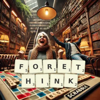 Creative illustration for a Scrabble game with the word FORETHINK spelled out in tiles on the board.
