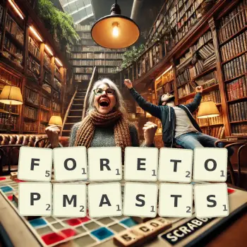 Creative illustration for a Scrabble game with the word FORETOPMASTS spelled out in tiles on the board.