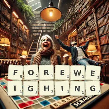 Creative illustration for a Scrabble game with the word FOREWEIGHING spelled out in tiles on the board.