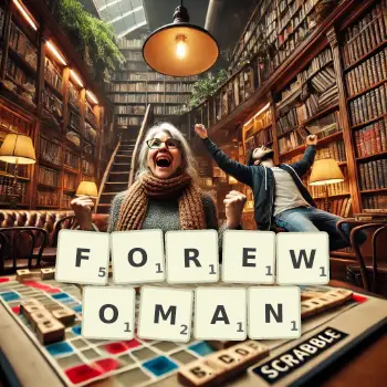 Creative illustration for a Scrabble game with the word FOREWOMAN spelled out in tiles on the board.