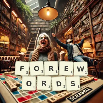 Creative illustration for a Scrabble game with the word FOREWORDS spelled out in tiles on the board.