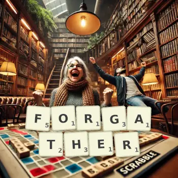 Creative illustration for a Scrabble game with the word FORGATHER spelled out in tiles on the board.